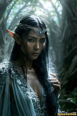 In a dark forest, an elf woman with pointed ears wears a silver crown and blue gown