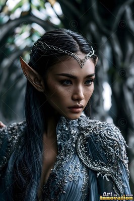 Gazing away, an elf woman with pointed ears wears a silver headpiece and gray dress