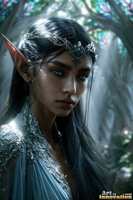 Elf woman with blue eyes wearing a silver crown and dress