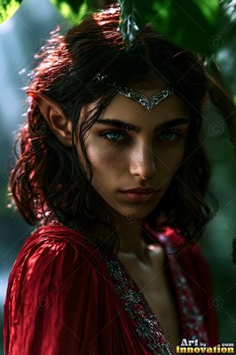 A silver tiara rests on the dark hair of an elf woman in red robes among shady green leaves