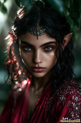 A dark-haired elf woman looks forward wearing a deep red dress under soft dim light