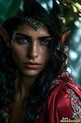 Facing forward in the green leaves, an elf woman wears a silver crown and red robe