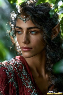 An elf woman with dark hair wears a silver tiara and a red dress in green woods