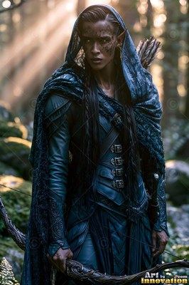 In a sunny forest, an elf woman holds onto a bow while wearing a dark hooded travel cloak