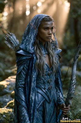 Elf woman in blue hooded armor holding a bow in a forest