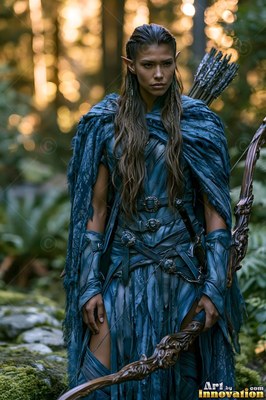 Wearing a tattered blue cloak, an elf woman carries a carved bow in a dense forest