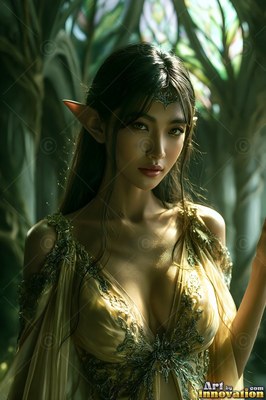 An elf woman stands forward in a pale gold dress under soft green forest light