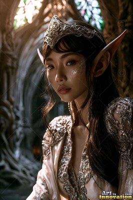 Close-up of an elf woman in a silver crown standing inside a sunlit stone hall