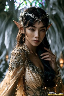 An elven woman with pointed ears wears a gold gown and silver crown