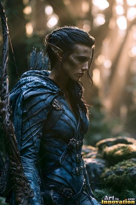In a sunny forest, an elf woman with pointed ears wears dark armor and holds onto a bow