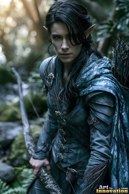 Holding a carved bow, an elven woman in dark leather armor stands in the forest