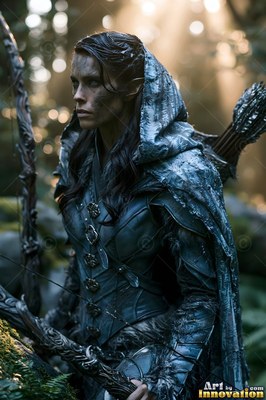 Elf woman in a hooded gray cloak holding a wood bow in the woods