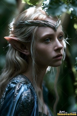 A silver circlet rests on the blonde brow of an elven woman in a dark green forest