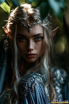 A blonde elf woman gazes forward under green leaves in soft dappled light
