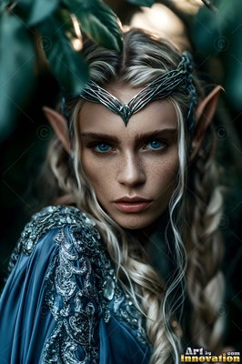 Close-up of an elf woman facing forward in the woods wearing a silver crown