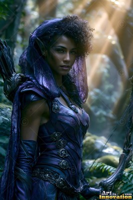 An elf woman in purple armor and a hood stands with her bow in the woods