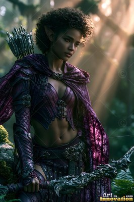 In a forest in the sun, an elf woman grips a bow in purple armor and a cape