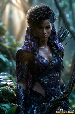 Holding a bow, an elf woman in dark purple armor stands in sunlit woods