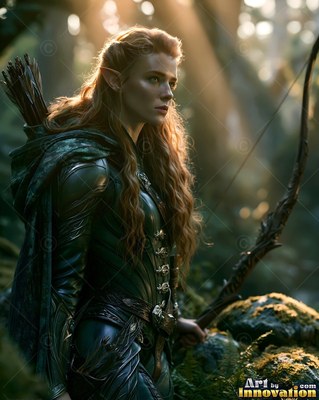 Elf woman in green armor has a bow in the forest