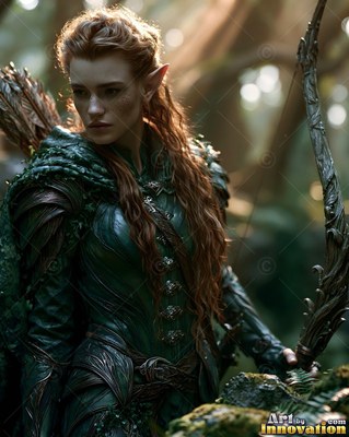 Braided red hair frames an elf woman in green leaf armor holding a bow in a sunny forest