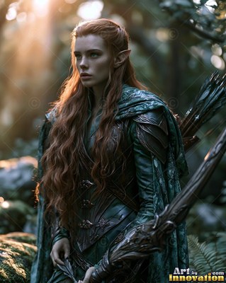 An elf woman stands with a bow in a dim forest with warm sunlight behind her
