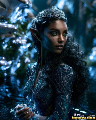 Turned to the side in a dark cave, an elf woman wears a silver crown