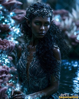 Dark elf woman in a silver crown wading through deep blue water