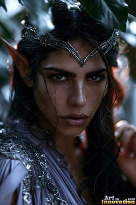 Peering through leaves, an elf woman wears a silver crown and a pale dress