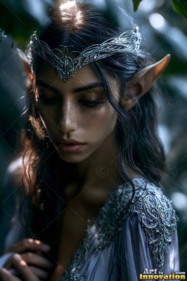 Elf woman with pointed ears in a silver tiara looking down