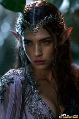 Wearing a silver crown, an elven woman in a pale lilac gown looks down in a shaded forest