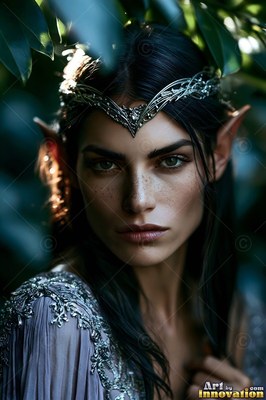 An elf woman with pointed ears looks forward through leaves in warm sunlight