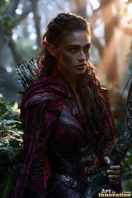 Standing in a sunlit forest, an elf woman carries a dark bow in red armor