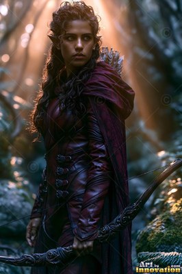 An elf woman in a dark red cloak holds her bow in a sunny forest