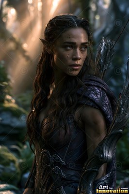 In a sunlit forest, an elf woman carries arrows on her back and grips a bow