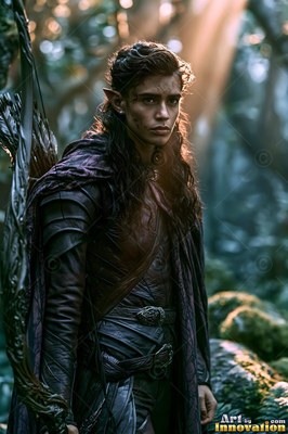 Standing in sunlit woods, an elf woman in dark leather armor carries a tall bow