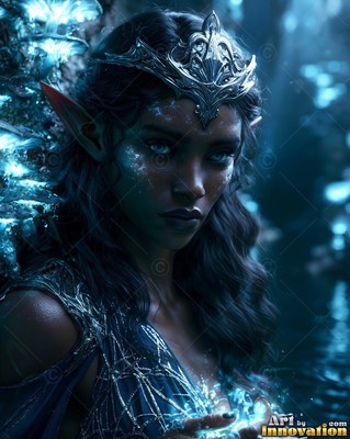 Elven woman wearing a silver crown in dark blue water