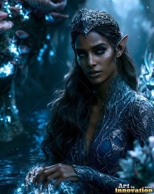 Silver tiara on an elf woman with pointed ears resting in dark blue water surrounded by blue coral reefs