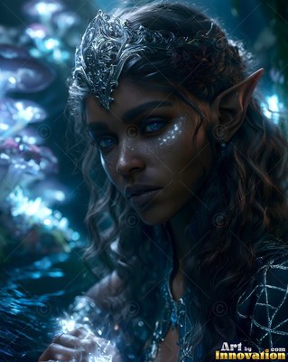 An elf woman looks forward wearing a silver crown under cool blue light