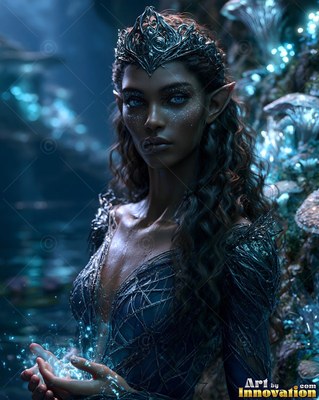 Facing forward in a dim cave, a crowned elf woman holds blue light