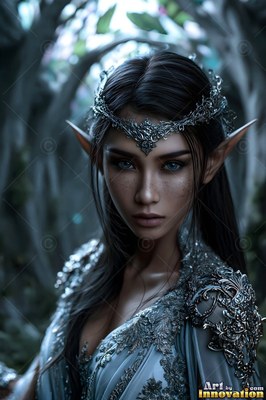 An elf woman wearing a silver crown and blue dress in a dim forest