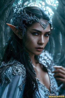 In a pale underwater forest, an elf woman wears a silver coral crown