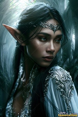Looking aside in dim woods, a dark-haired elf woman wears a silver crown