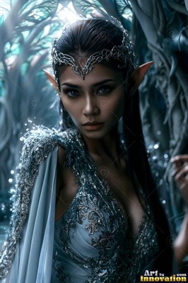 Elf woman wearing a silver crown and blue dress in a forest