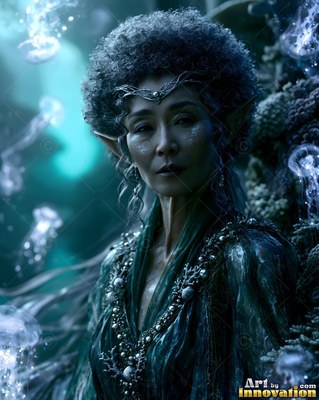 A silver circlet crowns an elf woman in deep water surrounded by small jellyfish