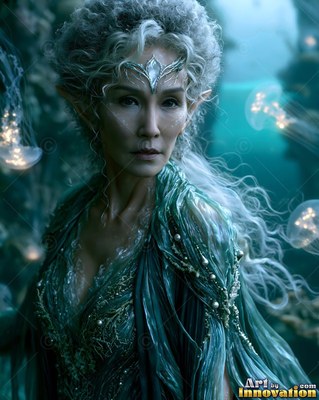 An elf woman looks forward underwater in dim blue light beside floating jellyfish