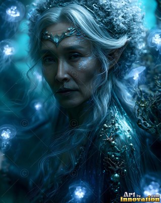 Turned forward underwater, an older elf woman with silver hair looks out