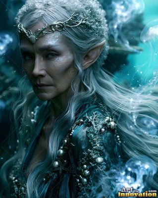 An older elf woman with pale hair underwater surrounded by tiny jellyfish