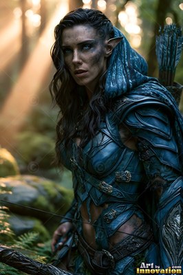 In a sunny forest, an elf woman with pointed ears wears blue armor