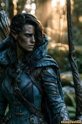 Holding a bow in the woods, an elf woman wears dark teal armor and a cloak with its hood up