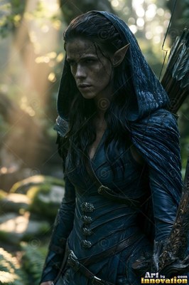 An elf woman in a dark hooded travel cloak stands in the forest